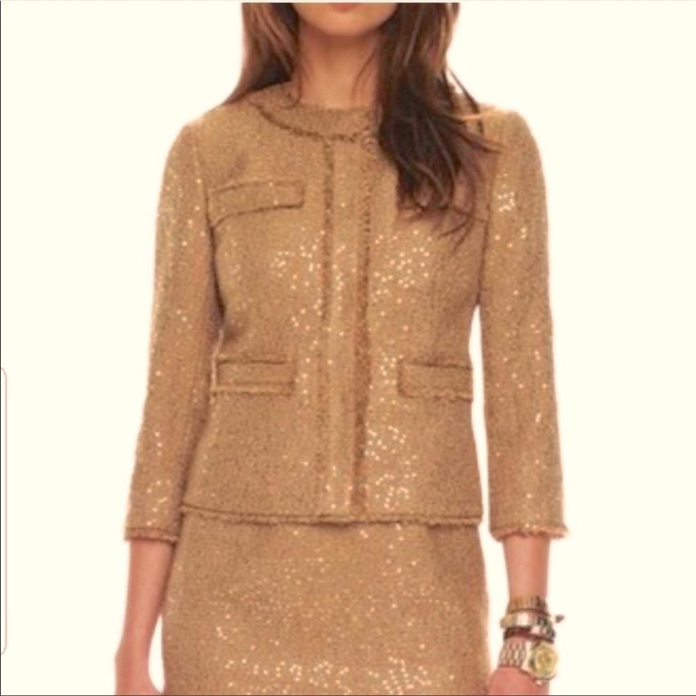 NWT Michael Kors Sequin Gold Tan Camel Fringe Trim Chic Jacket Size 4 MSRP $198